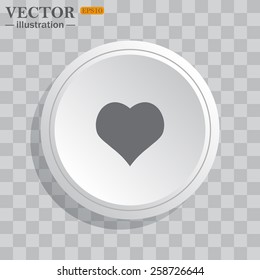 White circle, white button on a gray background with shadow. Grey icon on white.  heart,  vector illustration, EPS 10