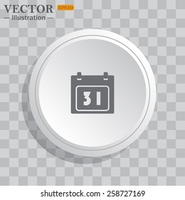 White circle, white button on a gray background with shadow. Grey icon on white.  Calendar, vector illustration, EPS 10
