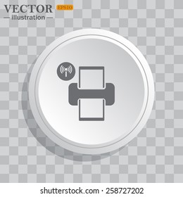 White circle, white button on a gray background with shadow. Grey icon on white.  Printer with wi-fi connection , vector, EPS 10