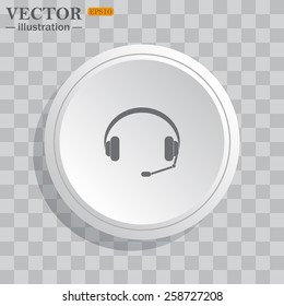 White circle, white button on a gray background with shadow. Grey icon on white.  Headphones. Musical accessory,   vector illustration, EPS 10