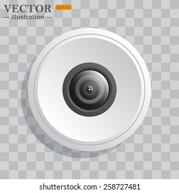 White circle, white button on a gray background with shadow. Grey icon on white.   camera, vector illustration, EPS 10