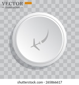 White circle, white button on a gray background with shadow. Grey icon on white.    icon plane. The plane is landing , vector illustration, EPS 10