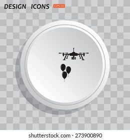 White circle, white button on a gray background with shadow. Grey icon on white.    Aerial photography. Festive balloons. Quadrocopter. icon. vector design