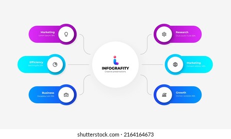 White Circle In The Center With Colorful Rounded Elements On The Sides. Abstract Flowchart Infographic With 6 Options.