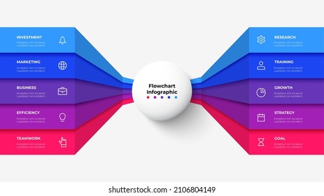 White Circle In The Center With Colorful Stripes On The Sides. Abstract Flowchart Infographic With 10 Options.