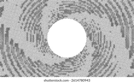 White circle in the center surrounded by a swirling, textured black halftone pattern on a white background. Abstract background.