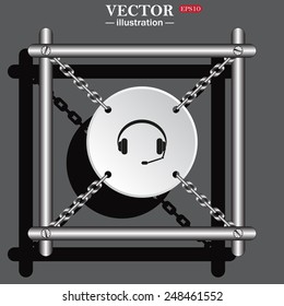 White circle with chains in a metal frame on a gray background with shadow. Headphones. Musical accessory,   vector illustration, EPS 10