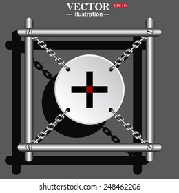 White circle with chains in a metal frame on a gray background with shadow. Plus sign icon, vector, EPS 10
