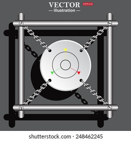 White circle with chains in a metal frame on a gray background with shadow. GPS navigation,  vector illustration, EPS 10