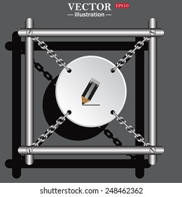 White circle with chains in a metal frame on a gray background with shadow. pencil, vector, EPS 10