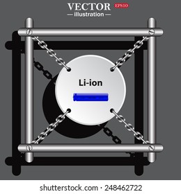 White circle with chains in a metal frame on a gray background with shadow. li-ion battery , vector illustration, EPS 10