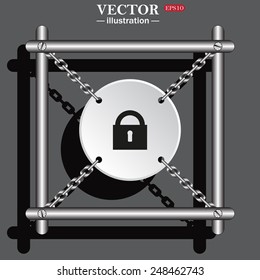 White circle with chains in a metal frame on a gray background with shadow. lock black , vector illustration, EPS 10