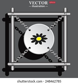 White circle with chains in a metal frame on a gray background with shadow. daisy,vector illustration, EPS 10