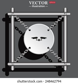 White circle with chains in a metal frame on a gray background with shadow. Two surveillance cameras, vector illustration, EPS 10
