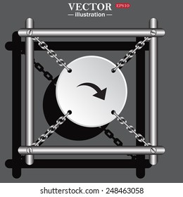 White circle with chains in a metal frame on a gray background with shadow. arrow indicates the direction, vector illustration, EPS 10