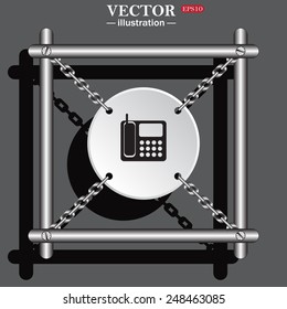 White circle with chains in a metal frame on a gray background with shadow. phone, vector illustration, EPS 10