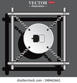 White circle with chains in a metal frame on a gray background with shadow. Case for phone , vector illustration, EPS 10