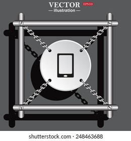 White circle with chains in a metal frame on a gray background with shadow. Smartphone, phone, mobile phone , vector illustration, EPS 10