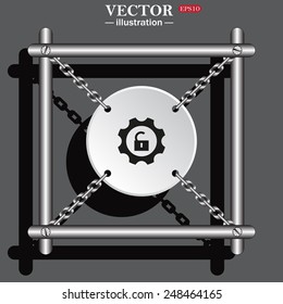 White circle with chains in a metal frame on a gray background with shadow. unlock settings , vector illustration, EPS 10
