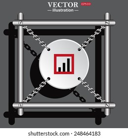 White circle with chains in a metal frame on a gray background with shadow. no signal