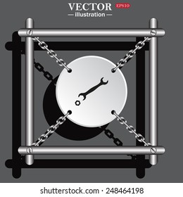 White circle with chains in a metal frame on a gray background with shadow. black wrench , vector illustration, EPS 10