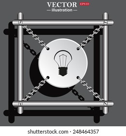 White circle with chains in a metal frame on a gray background with shadow. incandescent bulb, vector illustration, EPS 10