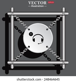 White circle with chains in a metal frame on a gray background with shadow. Headphones. Musical accessories running through wi-fi network,  vector illustration, EPS 10