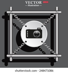 White circle with chains in a metal frame on a gray background with shadow. photo camera, vector illustration, EPS 10
