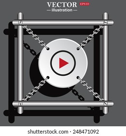 White circle with chains in a metal frame on a gray background with shadow. Play, vector, EPS 10