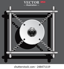 White circle with chains in a metal frame on a gray background with shadow. camera, vector illustration, EPS 10