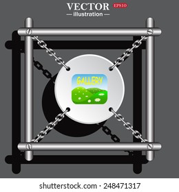 White circle with chains in a metal frame on a gray background with shadow. Gallery,  vector illustration, EPS 10
