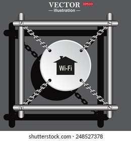 White circle with chains in a metal frame on a gray background with shadow. The house is surrounded by a network wi-fi , vector illustration, EPS 10