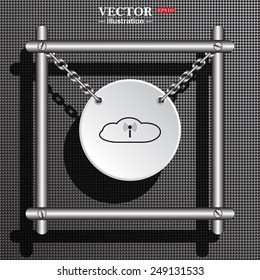 White circle with chains in a metal frame on a gray background with shadow. Cloud storage surrounded wi-fi network , vector illustration, EPS 10