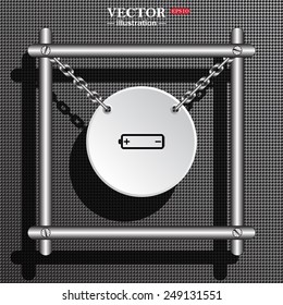 White circle with chains in a metal frame on a gray background with shadow.  battery, vector illustration, EPS 10