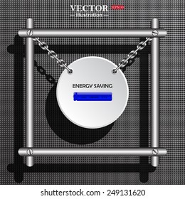 White circle with chains in a metal frame on a gray background with shadow. energy saving battery , vector illustration, EPS 10