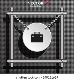 White circle with chains in a metal frame on a gray background with shadow. car battery, vector illustration, EPS 10