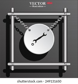 White circle with chains in a metal frame on a gray background with shadow. black wrench , vector illustration, EPS 10