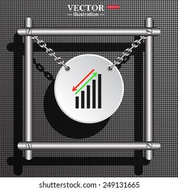 White circle with chains in a metal frame on a gray background with shadow. chart with green and red arrows, vector illustration, EPS 10