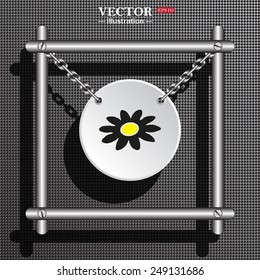 White circle with chains in a metal frame on a gray background with shadow. daisy,vector illustration, EPS 10
