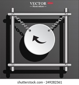 White circle with chains in a metal frame on a gray background with shadow. arrow indicates the direction, vector illustration, EPS 10