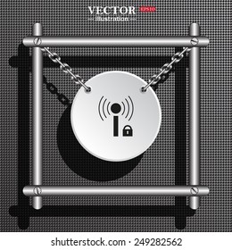 White circle with chains in a metal frame on a gray background with shadow. Wireless network access is closed, locked, vector illustration, EPS 10