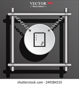 White circle with chains in a metal frame on a gray background with shadow. tablet with paper, vector illustration, EPS 10