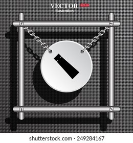 White circle with chains in a metal frame on a gray background with shadow. tube for cream or another cosmetic remedy , vector illustration, EPS 10