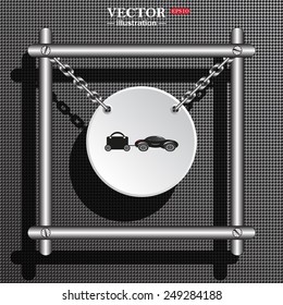 White circle with chains in a metal frame on a gray background with shadow. trailer, car, suitcase on wheels , vector illustration, EPS 10