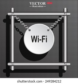 White circle with chains in a metal frame on a gray background with shadow. The wireless network , vector illustration, EPS 10