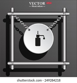 White circle with chains in a metal frame on a gray background with shadow. Shower Gel, Liquid Soap, Lotion, Cream, Shampoo, Bath Foam. , vector illustration, EPS 10