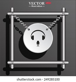 White circle with chains in a metal frame on a gray background with shadow. Headphones. Musical accessory,   vector illustration, EPS 10