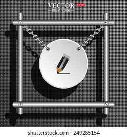 White circle with chains in a metal frame on a gray background with shadow. 
