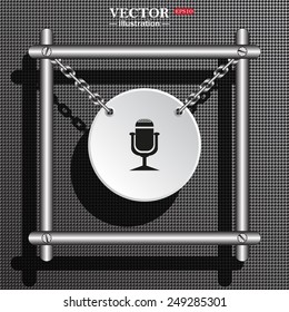White circle with chains in a metal frame on a gray background with shadow. Microphone. Voice recording, vector illustration, EPS 10