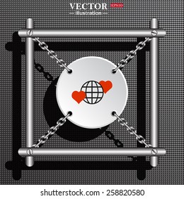 White circle with chains on a background of gray plastic structure. Metal.  Icon planet and two red hearts. Symbol of love between the nation. Globe.  vector illustration, EPS 10 